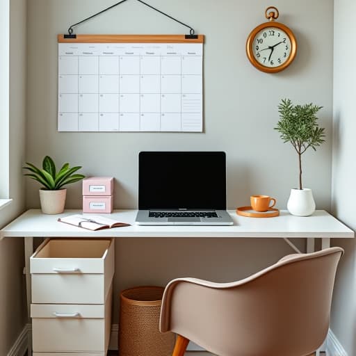  a stylish and organized home office setup with a clean desk, labeled storage boxes, a calendar hanging on the wall, and a potted plant for a touch of greenery.