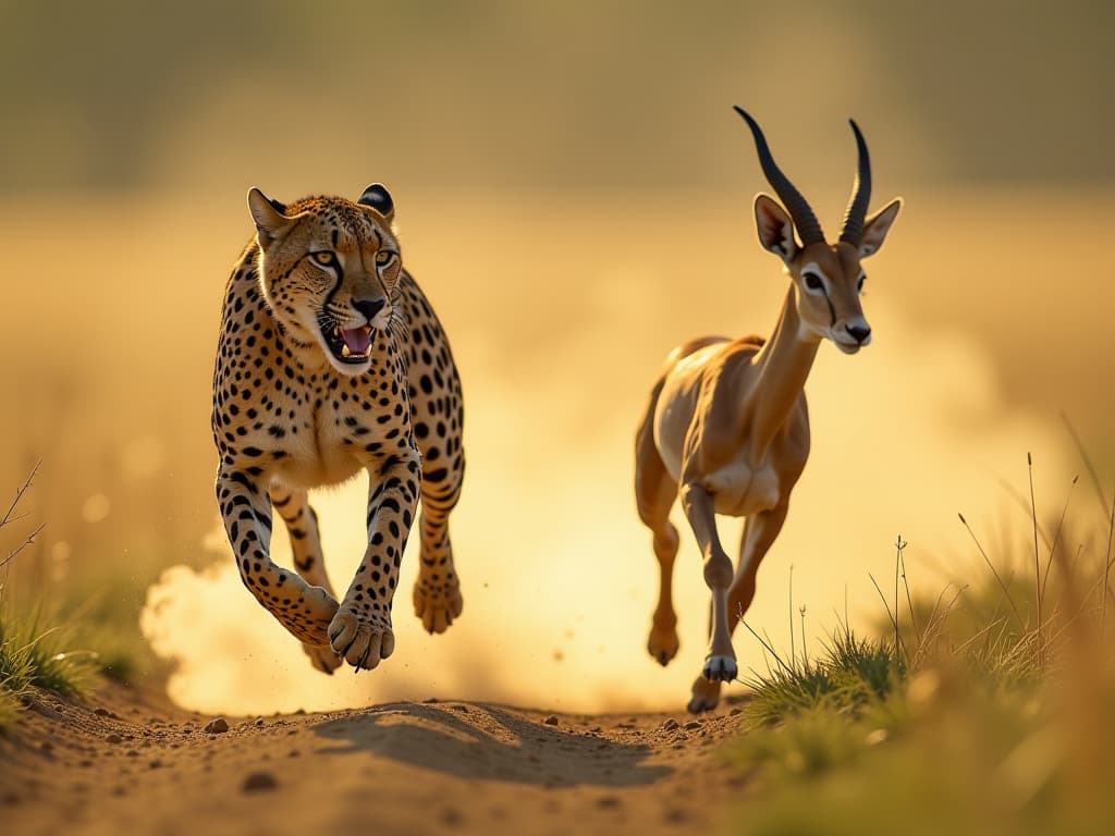  the cheetah lunges forward with lightning speed, while the gazelle attempts to evade, both animals captured in a moment of intense motion. camera settings: iso 800, f/5.6, 1/2000 sec. hyperrealistic, full body, detailed clothing, highly detailed, cinematic lighting, stunningly beautiful, intricate, sharp focus, f/1. 8, 85mm, (centered image composition), (professionally color graded), ((bright soft diffused light)), volumetric fog, trending on instagram, trending on tumblr, HDR 4K, 8K