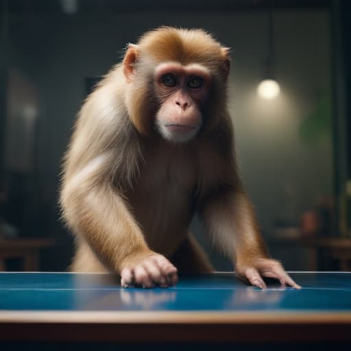 monkey is playing pingpong hyperrealistic, full body, detailed clothing, highly detailed, cinematic lighting, stunningly beautiful, intricate, sharp focus, f/1. 8, 85mm, (centered image composition), (professionally color graded), ((bright soft diffused light)), volumetric fog, trending on instagram, trending on tumblr, HDR 4K, 8K