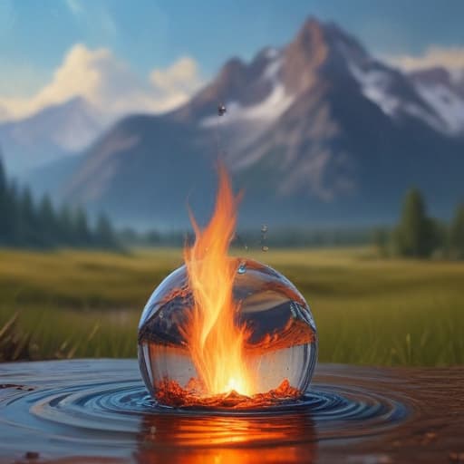 A fire within a droplet of water falling to the earth with the sky in the background in Oil painting style with Mountains background