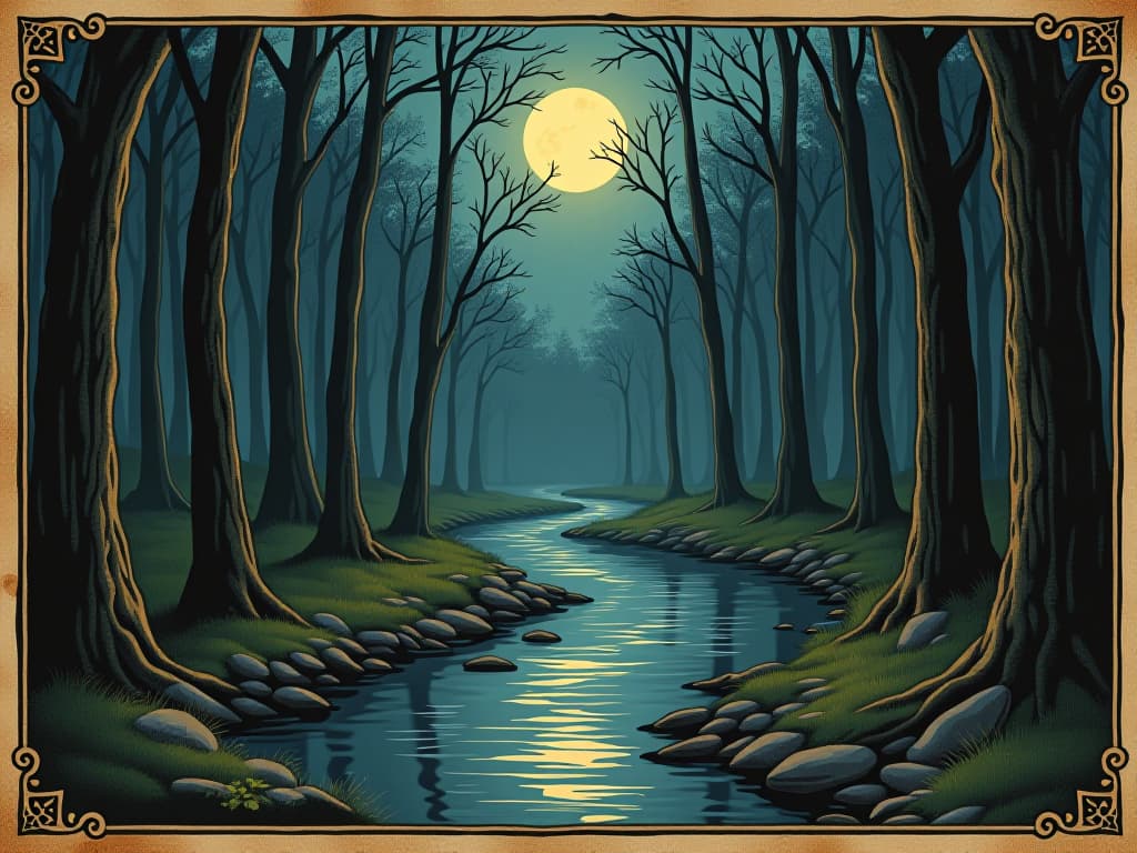  a tranquil river, meandering through a dense forest, light of the moon filtering through trees, reflection of stars on water surface, pathway to enlightenment, serene and meditative. an illustration in the style of a worn, mystical old tarot trump card, mysterious and elements of surrealism. the colors are muted, somber and eerie, but with contrast bring out an occult and esoteric vibe.