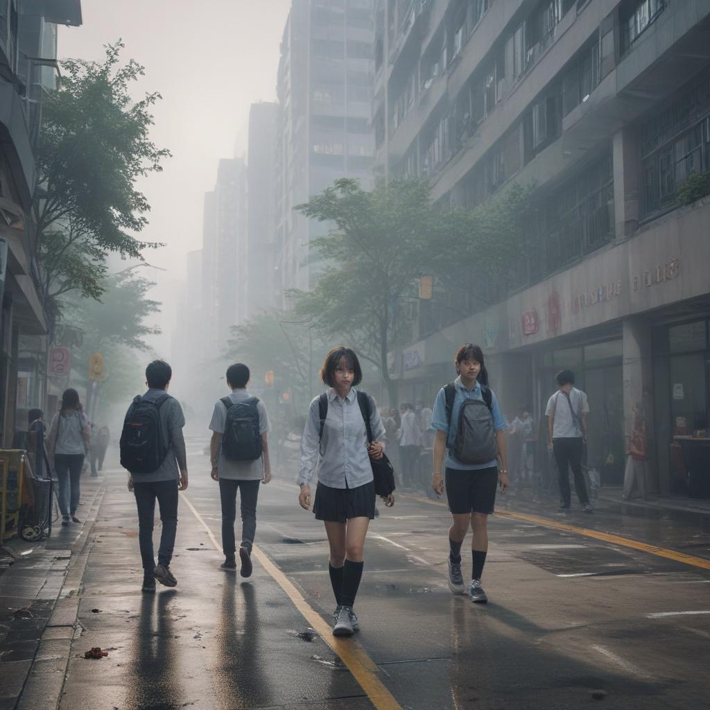 ((masterpiece)),(((best quality))), 8k, high detailed, ultra detailed, A school scene with a bloody undertone, featuring Hong Kong students hyperrealistic, full body, detailed clothing, highly detailed, cinematic lighting, stunningly beautiful, intricate, sharp focus, f/1. 8, 85mm, (centered image composition), (professionally color graded), ((bright soft diffused light)), volumetric fog, trending on instagram, trending on tumblr, HDR 4K, 8K