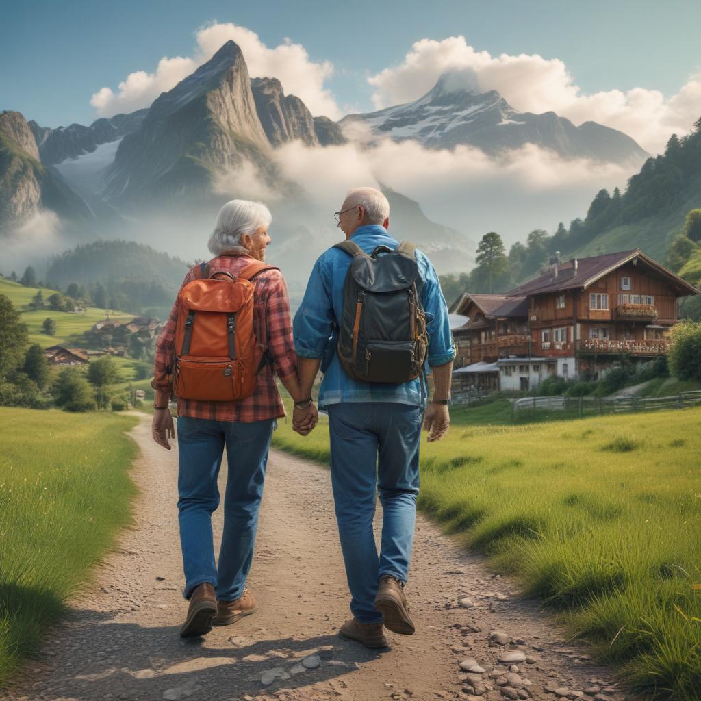 Elderly couple laughing, holding hands, with backpacks, standing in front of rolling green hills and Swiss-style chalets. Clear blue skies and distant mountains evoke the serene beauty of "Brazilian Switzerland."ultra-detailed, 4k hyperrealistic, full body, detailed clothing, highly detailed, cinematic lighting, stunningly beautiful, intricate, sharp focus, f/1. 8, 85mm, (centered image composition), (professionally color graded), ((bright soft diffused light)), volumetric fog, trending on instagram, trending on tumblr, HDR 4K, 8K