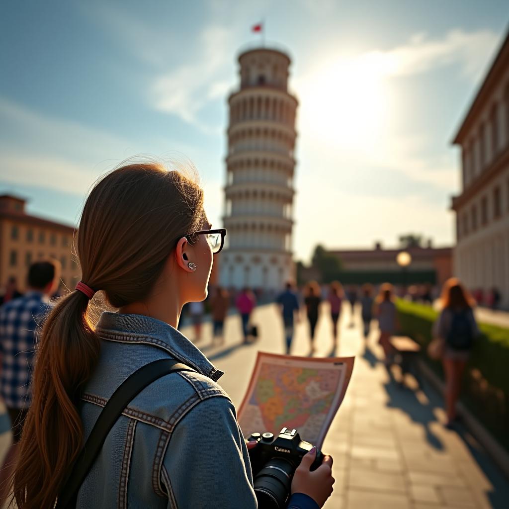  create a high quality, photorealistic image that vividly depicts the following scene: in a captivating panoramic shot, the leaning tower of pisa comes into full view, majestically leaning under the soft golden rays of the tuscan sun. a visibly intrigued woman, her hair pinned back, wearing glasses indicative of an intellectual, holds a map in one hand and a dslr camera in the other, her face lit with curiosity as she circles the tower, keenly examining its peculiar slant. the scene is backed by a bustling italian piazza filled with locals and tourists alike, the historical text of the town square sharply juxtaposed with its modern crowd, capturing a sense of timelessness under the endless azure of the italian sky. picture taken with a  hyperrealistic, full body, detailed clothing, highly detailed, cinematic lighting, stunningly beautiful, intricate, sharp focus, f/1. 8, 85mm, (centered image composition), (professionally color graded), ((bright soft diffused light)), volumetric fog, trending on instagram, trending on tumblr, HDR 4K, 8K