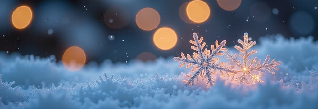  snowflakes on snow with bokeh of christmas lights real snowdrift and acrylic crystals ar 3:1 {prompt}, maximum details