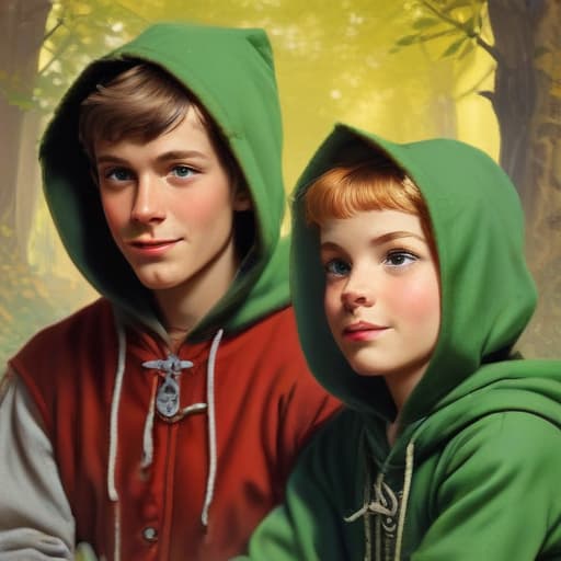 Red riding hood, Robin Hood and twink in a hoodie, cartoon, full of colour, disney, sharp focus, illustration, 50's cartoons, norman rockwell