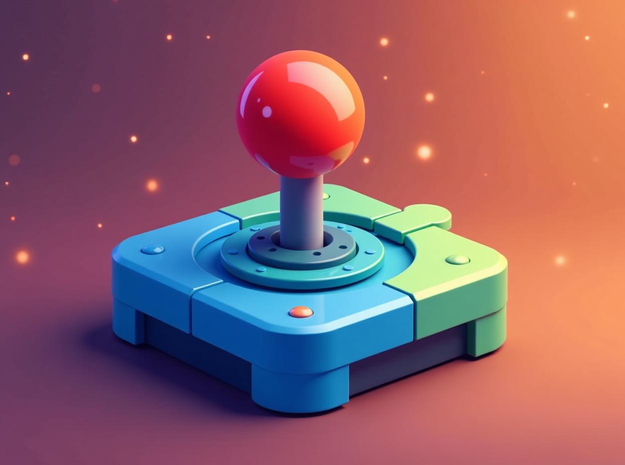  design an icon featuring a colorful joystick and a puzzle piece. the joystick should be bright red and blue, symbolizing excitement in gaming, while the puzzle piece should be green and yellow, representing diversity in game selection., high quality, high details, hd, perfect composition, 4k epic detailed, highly detailed, sharp focus, high resolution