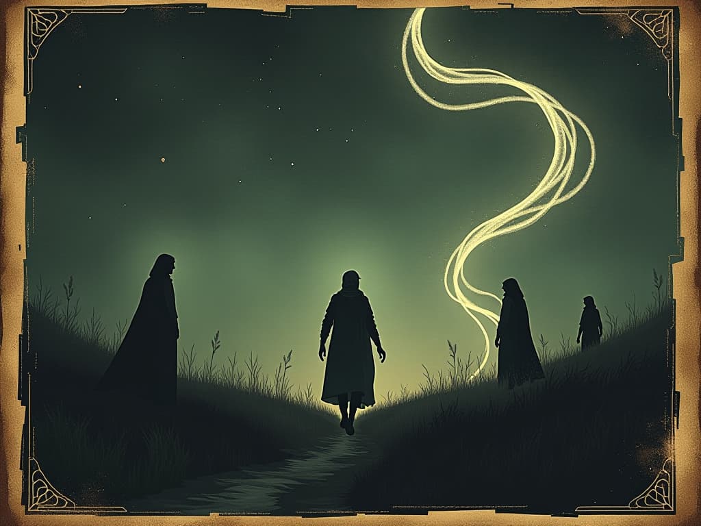  whispering winds, subtle luminous trails in the air, faint outlines of guardian figures, night sky backdrop, ethereal, serene, protective whispers. an illustration in the style of a worn, mystical old tarot trump card, mysterious and elements of surrealism. the colors are muted, somber and eerie, but with contrast bring out an occult and esoteric vibe.