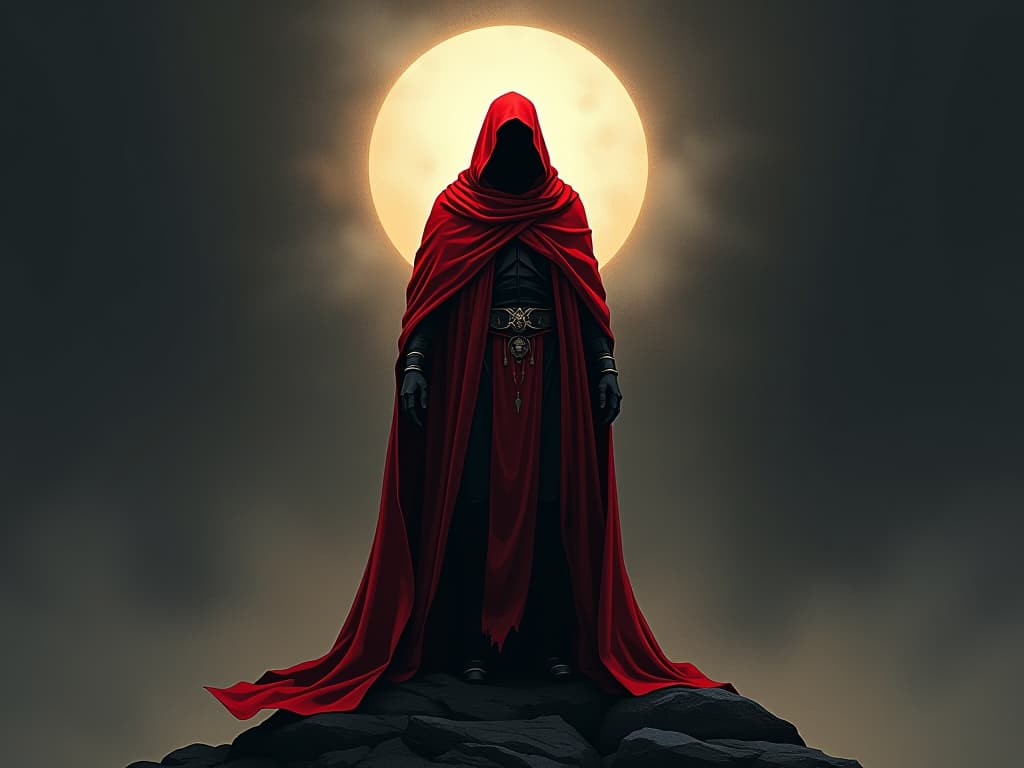  red clad figure, illuminated by a soft halo, standing tall, sense of testament to the incredible journey and person. the style is digital art illustration / modern comic book / graphic dark novel fantasy and mysterious occult, symbolic, moody lighting, esoteric vibe,high detail on character design. for the color scheme emphasize blacks and reds.