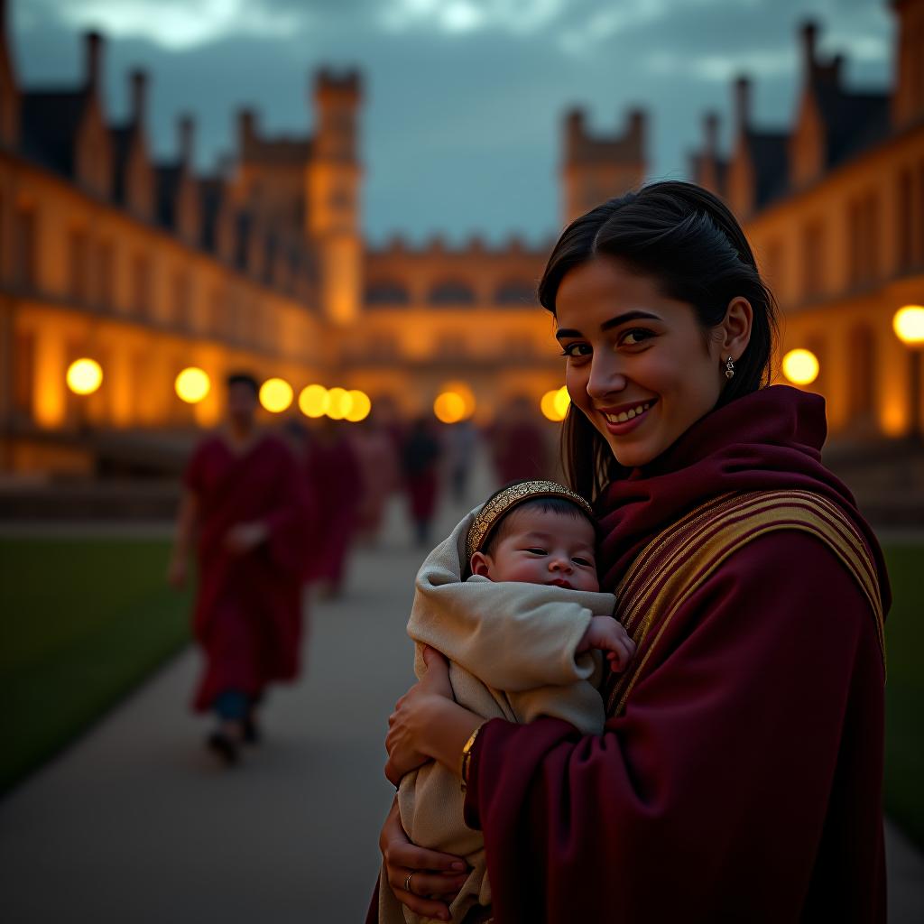  create a high quality, photorealistic image that vividly depicts the following scene: a high definition panoramic display of the pre aztec era, featuring grand stone structures of oxford university glowing against the dusky sky. medieval scholars garbed in robes bustling about amid torch lit paths make for the focal point. transitions into a dramatic roman scene, where a joyous couple cradle a newborn, the mother carrying a sweetened honey bread cake, her eyes brimming over with pride and happiness. cinematic lighting imparts an aura of historical mystique, with warm tones in oxford morphing into rich, honeyed hues of the roman era, captured by leica s3, f/2.8, iso 100, 1/125s, hdr, unprocessed, synchronised with narrative flow, 4k.  hyperrealistic, full body, detailed clothing, highly detailed, cinematic lighting, stunningly beautiful, intricate, sharp focus, f/1. 8, 85mm, (centered image composition), (professionally color graded), ((bright soft diffused light)), volumetric fog, trending on instagram, trending on tumblr, HDR 4K, 8K