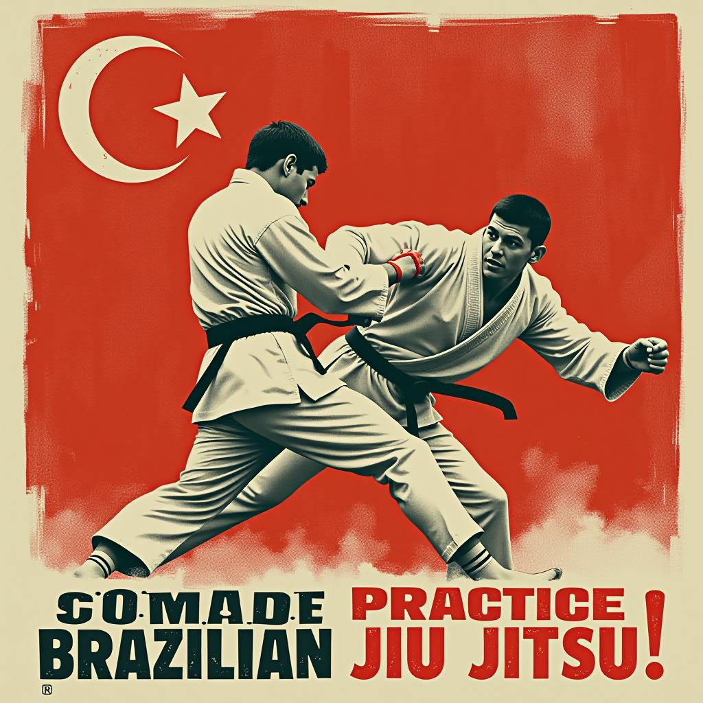  poster in the style of the ussr with the slogan "comrade, practice brazilian jiu jitsu!"