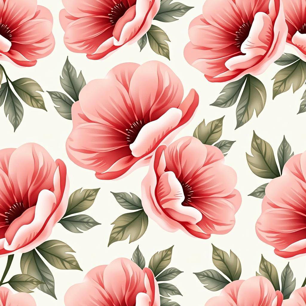  create a seamless digital design featuring a pattern of large, beautiful flowers with soft, watercolor like effects. the flowers should cover the entire surface, creating a bold, elegant, and continuous look. the overall style should be light and airy, with delicate leaves and petals to enhance the natural, floral theme. the design should be seamless to ensure it can be used in repeating patterns or wraps.