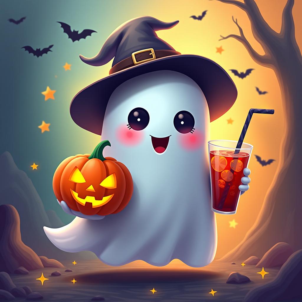  create a digital painting featuring a cute ghost character. the ghost should be wearing a hat. in one hand, the ghost should hold a pumpkin with a carved face, and in the other hand, a halloween themed drink. the background should be colorfull and include small black bats and stars to add a playful halloween touch. the overall style should be cute, whimsical, and colorful hyperrealistic, full body, detailed clothing, highly detailed, cinematic lighting, stunningly beautiful, intricate, sharp focus, f/1. 8, 85mm, (centered image composition), (professionally color graded), ((bright soft diffused light)), volumetric fog, trending on instagram, trending on tumblr, HDR 4K, 8K