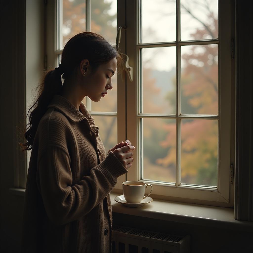  the girl by the window is drinking tea. outside, it's autumn. she has a blanket. hyperrealistic, full body, detailed clothing, highly detailed, cinematic lighting, stunningly beautiful, intricate, sharp focus, f/1. 8, 85mm, (centered image composition), (professionally color graded), ((bright soft diffused light)), volumetric fog, trending on instagram, trending on tumblr, HDR 4K, 8K