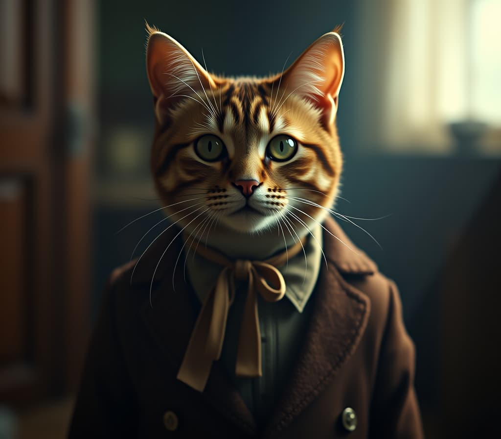  cat, old photo 1940s hyperrealistic, full body, detailed clothing, highly detailed, cinematic lighting, stunningly beautiful, intricate, sharp focus, f/1. 8, 85mm, (centered image composition), (professionally color graded), ((bright soft diffused light)), volumetric fog, trending on instagram, trending on tumblr, HDR 4K, 8K