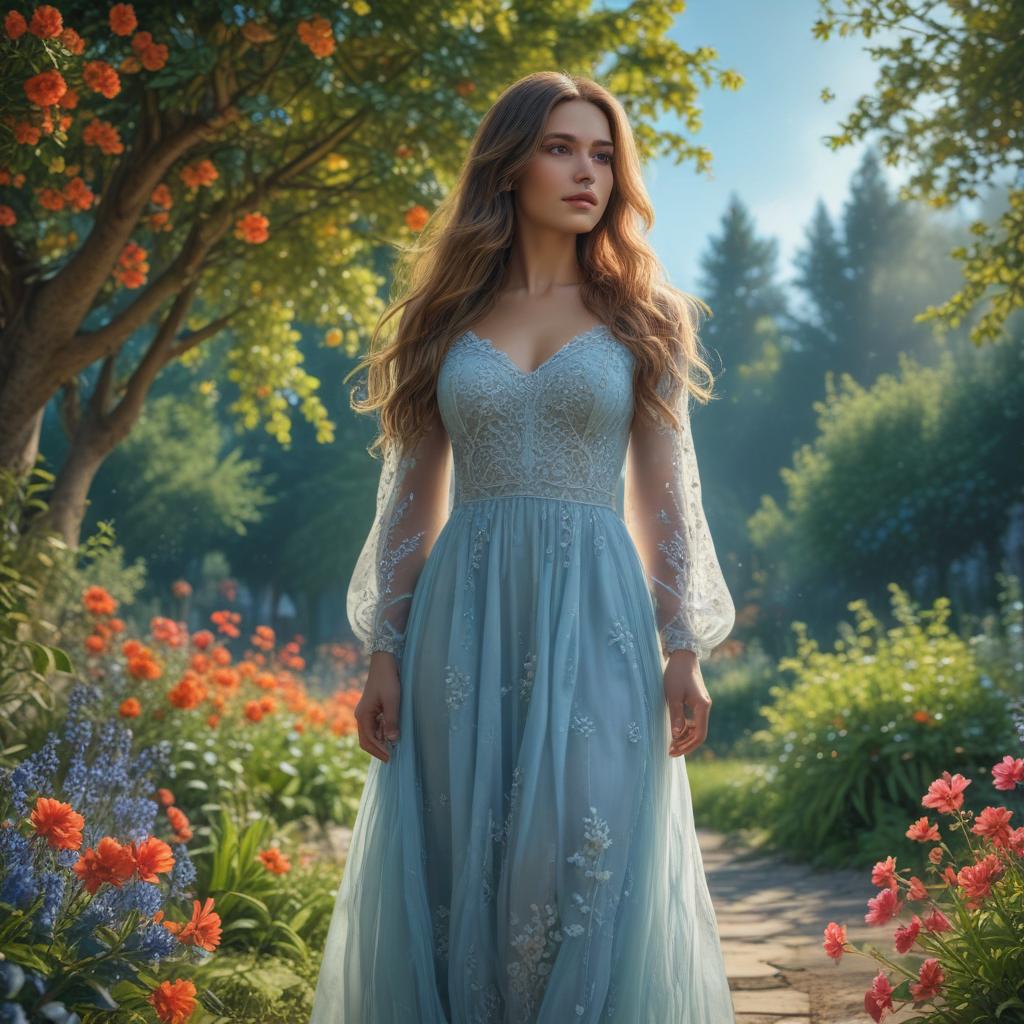 ((masterpiece)),(((best quality))), 8k, high detailed, ultra detailed,A beautiful woman, long flowing hair, elegant dress, standing in a lush garden, surrounded by colorful flowers, under a clear blue sky hyperrealistic, full body, detailed clothing, highly detailed, cinematic lighting, stunningly beautiful, intricate, sharp focus, f/1. 8, 85mm, (centered image composition), (professionally color graded), ((bright soft diffused light)), volumetric fog, trending on instagram, trending on tumblr, HDR 4K, 8K