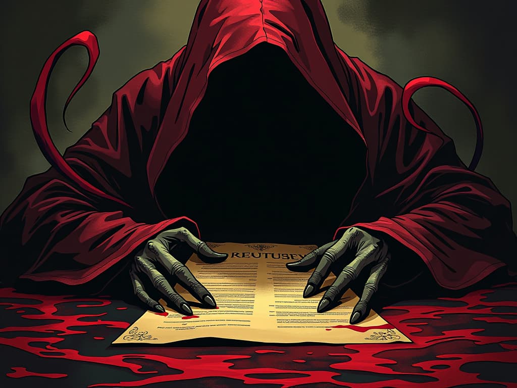  golden contract with shadowy tendrils, ink blood red, hidden obligations lurking. the style is digital art illustration / modern comic book / graphic dark novel fantasy and mysterious occult, symbolic, moody lighting, esoteric vibe,high detail on character design. for the color scheme emphasize blacks and reds.