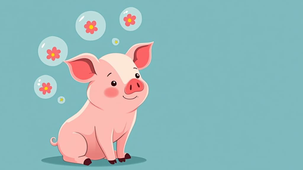  flat illustration, flaticon, (illustration:1.15), pig , sitting on left side, (right side is empty for text), smiling pig looking at camera, cartoon drawn circles with flowers inside circles flying around pig head, blue pastel solid background ar 3:2 ar 16:9, [cory loftis, strobist, pascal campion :: 0.2]