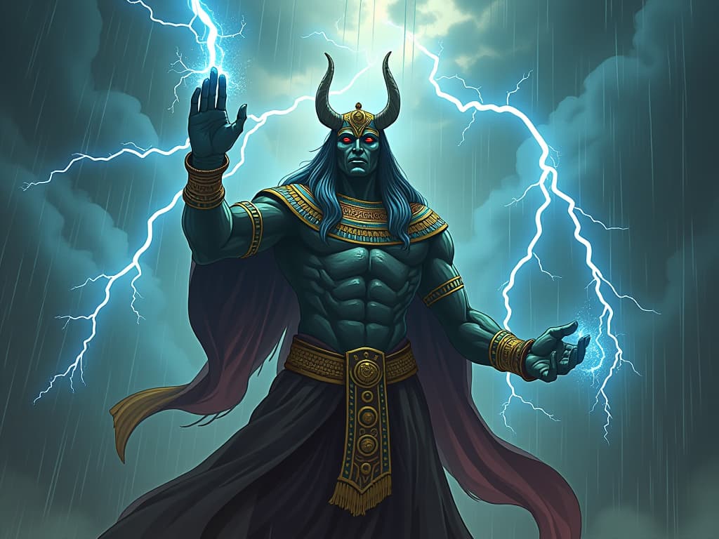  tlaloc, wielding thunder and lightning, storm clouds forming, rain falling, aura of divine power and nourishment. the style is digital art illustration / modern comic book / mysterious occult, symbolic, esoteric vibe,high detail on character design, incorporating ancient egyptian symbology and attire.