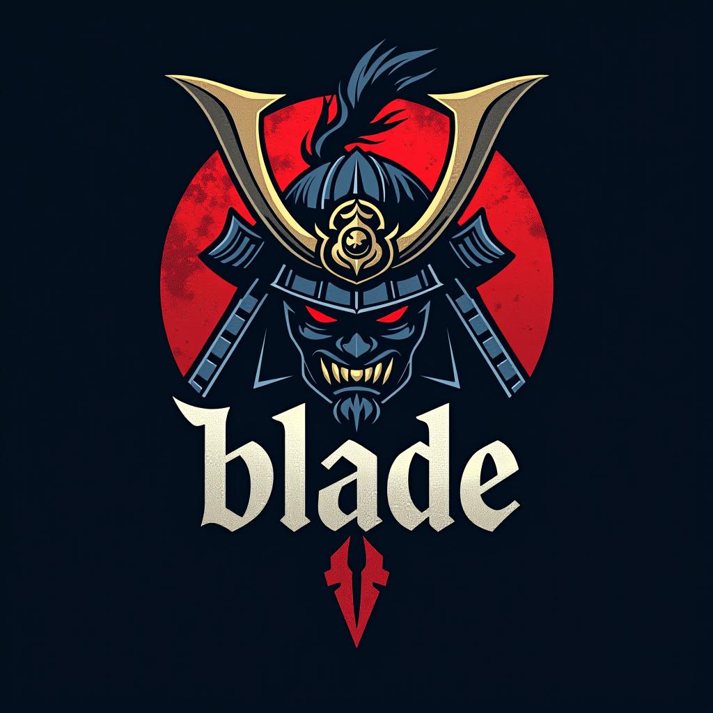  design a logo, emblem logo, with the written text ‘blade’, samurai theme, red and blue.