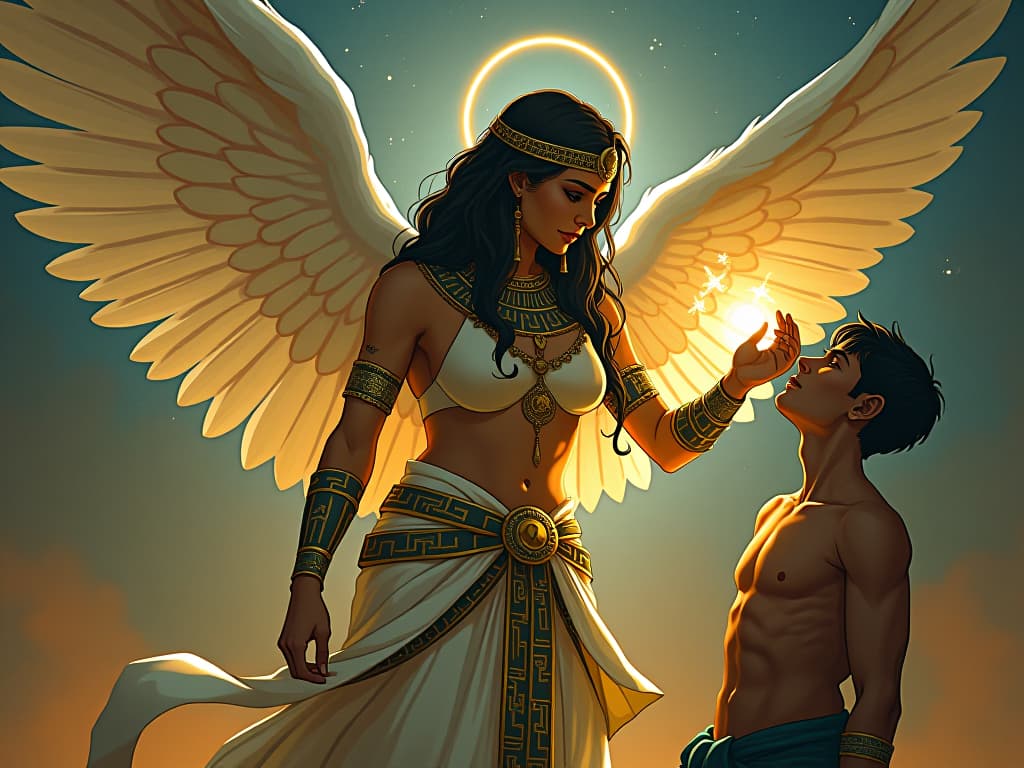  a large busted angelic figure, illuminated by celestial light, her touch a soothing balm to a wounded individual, comforting and peaceful atmosphere. the style is digital art illustration / modern comic book / mysterious occult, symbolic, esoteric vibe,high detail on character design, incorporating ancient egyptian symbology and attire.