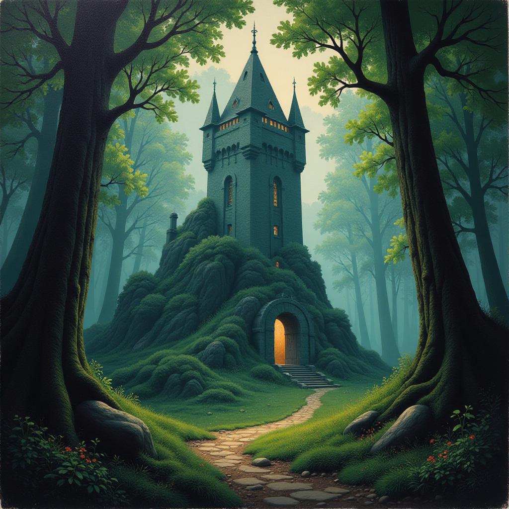  an oil painting in 80's fantasy poster art of elven tower partially concealed by the forest, shrouded in mystery