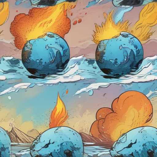 An image of earth, air, water and fire in Comic Art style