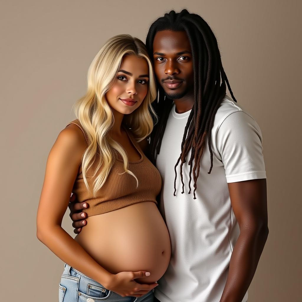  make an image of a blonde haired woman that is pregnant with tan olive skin and dark brown eyes with the dad who is light skinned african american with long dreads