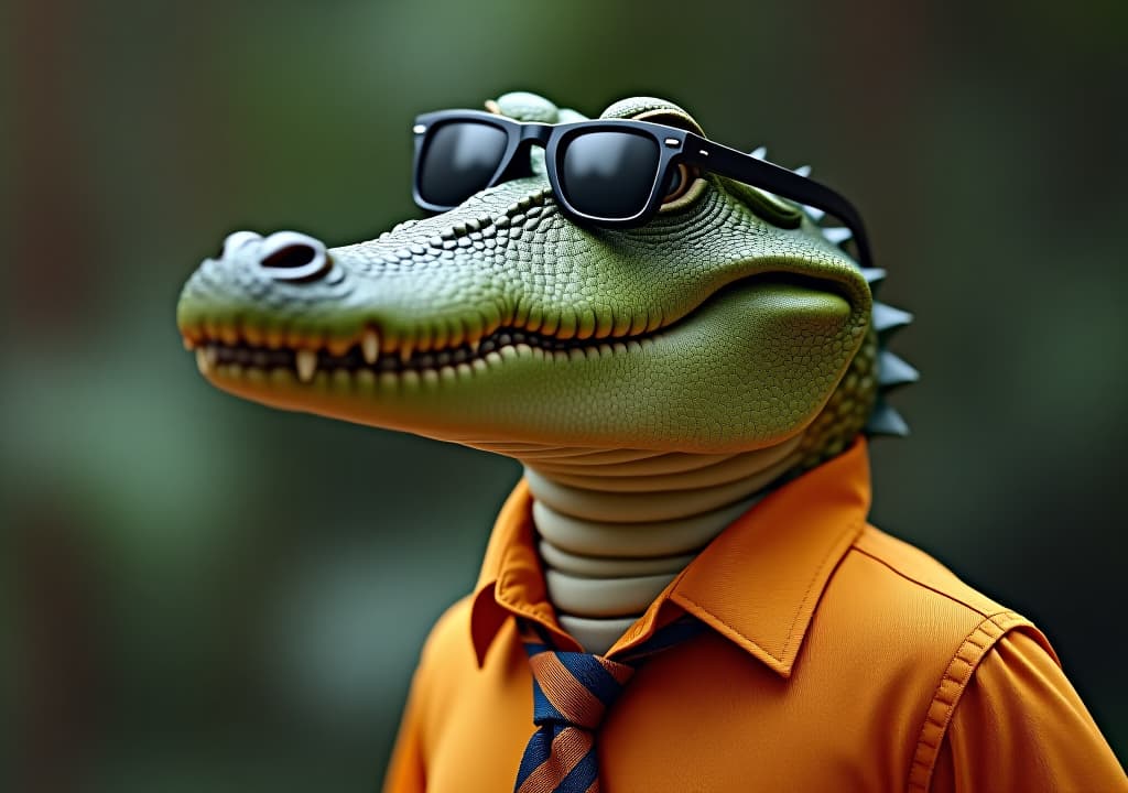  funny a mr. cute crocodile wearing sunglasses and dressed in shirt and tie, smiling, meme, humorous, on blur background,