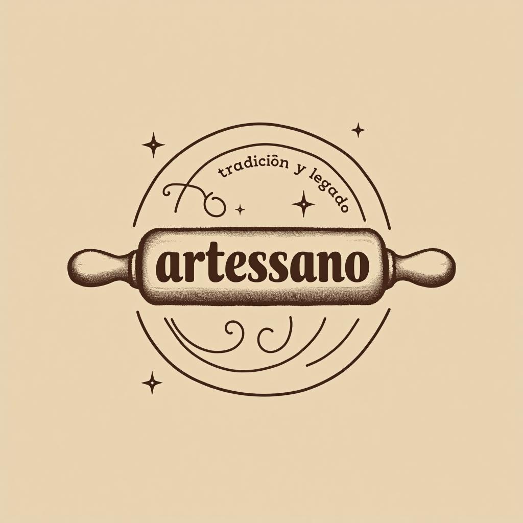  design a logo, in a pencil style. simple and elegant design circular design light and brown tones use a rolling pin image put the word “artessano” inside the image of the rolling pin, with the text 'tradición y legado'.