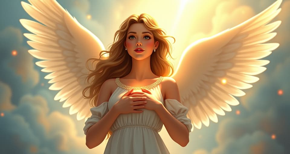  a beautiful angel with radiant wings, placing her hand on her heart, surrounded by bright celestial light. the angel's expression is serene, embodying a deeper yearning for holiness above all else.. the style is digital art illustration,highly detailed, whimsical,magical, dreamlike atmosphere, realism and fantasy blend, smooth, glossy textures,luminous quality, wonder and enchantment.