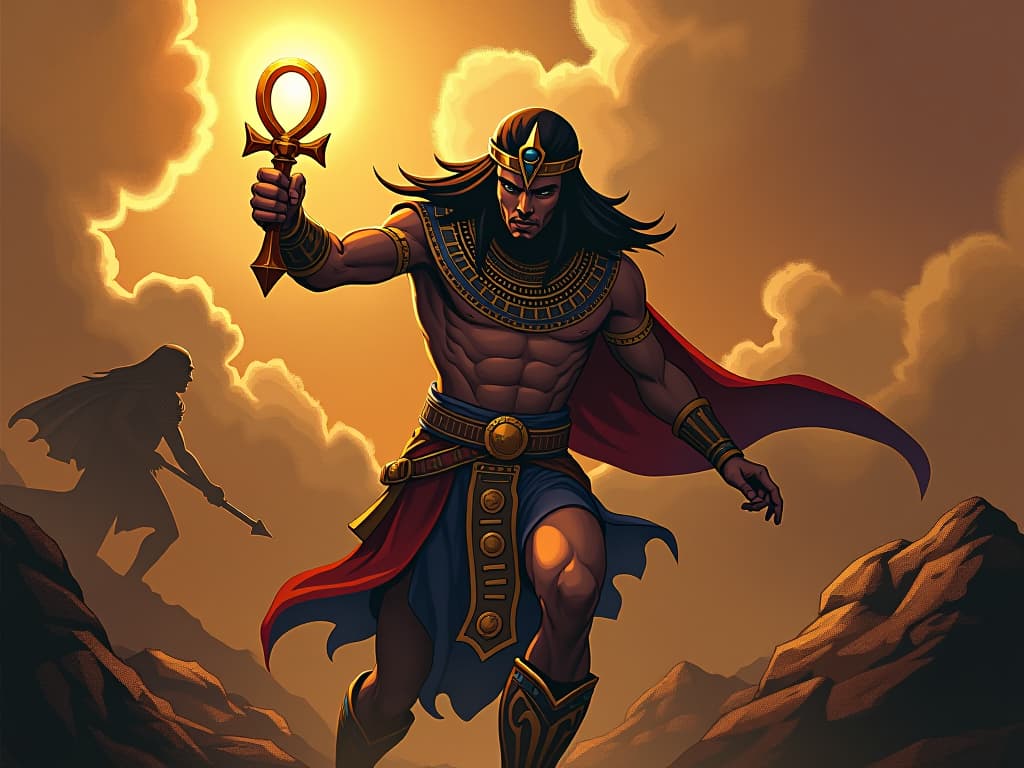  ancient warrior mid battle, seizing a glowing ankh, symbolizing transforming adversity into advantage. the style is digital art illustration / modern comic book / mysterious occult, symbolic, esoteric vibe,high detail on character design, incorporating ancient egyptian symbology and attire.