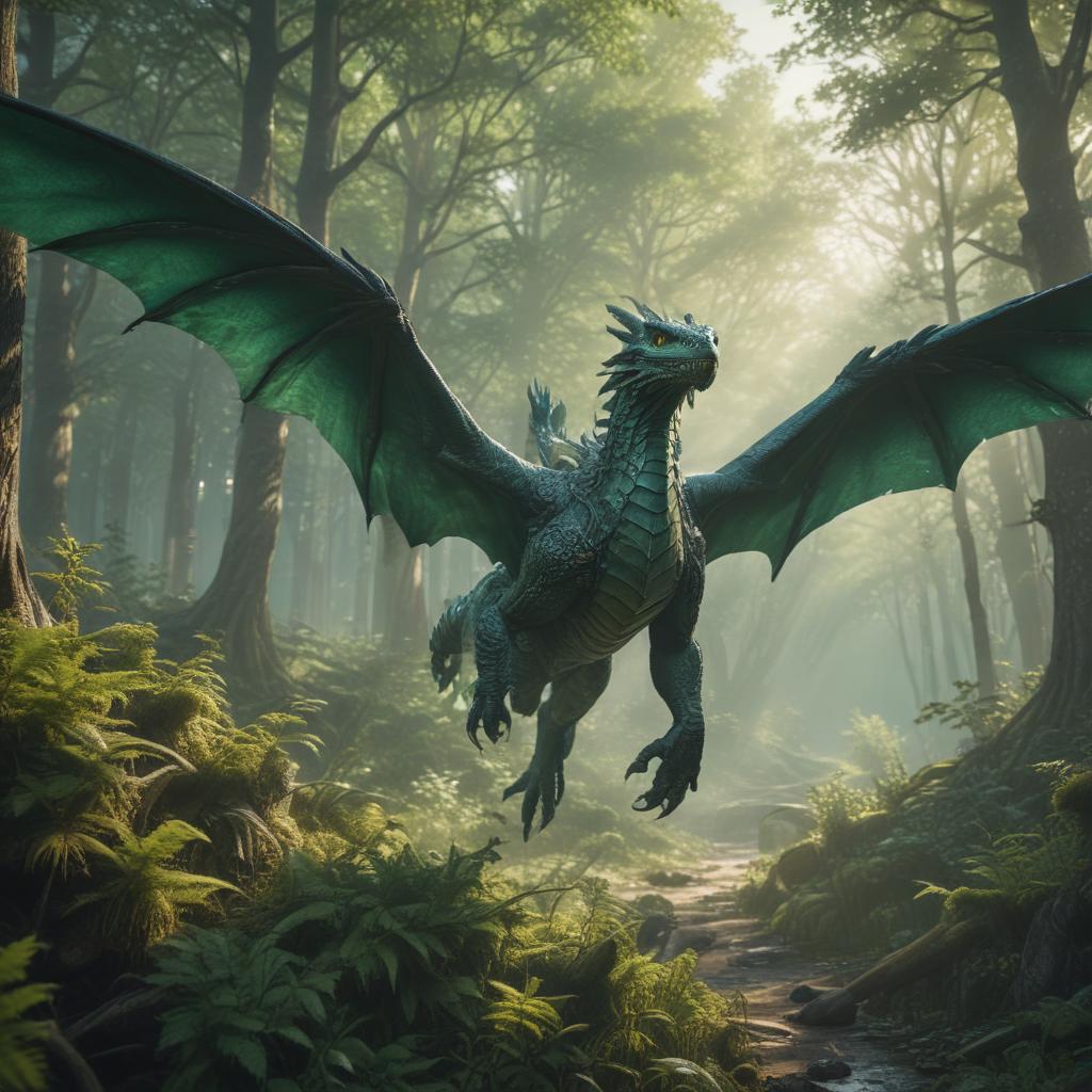 ((masterpiece)),(((best quality))), 8k, high detailed, ultra detailed, A dragon flying over a mystical forest, ((emerald scales)), soaring, (sunlight filtering through the trees), shadows hyperrealistic, full body, detailed clothing, highly detailed, cinematic lighting, stunningly beautiful, intricate, sharp focus, f/1. 8, 85mm, (centered image composition), (professionally color graded), ((bright soft diffused light)), volumetric fog, trending on instagram, trending on tumblr, HDR 4K, 8K