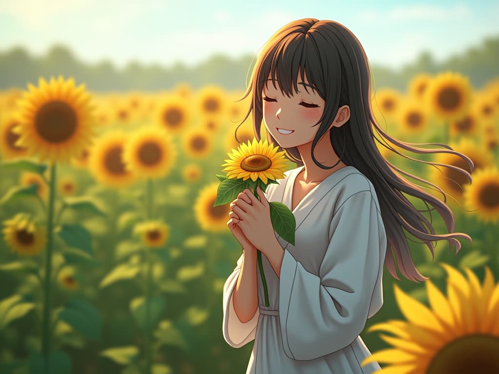  anime in a field with sunflowers, holding a flower, smile, shut mouth, closed eyes, white cloth. in a garden with sunflowers, blowing air, wind, landscape, wind blown, artstation, character concept, flash photo, 8k, realistic, dreamy, firooze hyperrealistic, full body, detailed clothing, highly detailed, cinematic lighting, stunningly beautiful, intricate, sharp focus, f/1. 8, 85mm, (centered image composition), (professionally color graded), ((bright soft diffused light)), volumetric fog, trending on instagram, trending on tumblr, HDR 4K, 8K