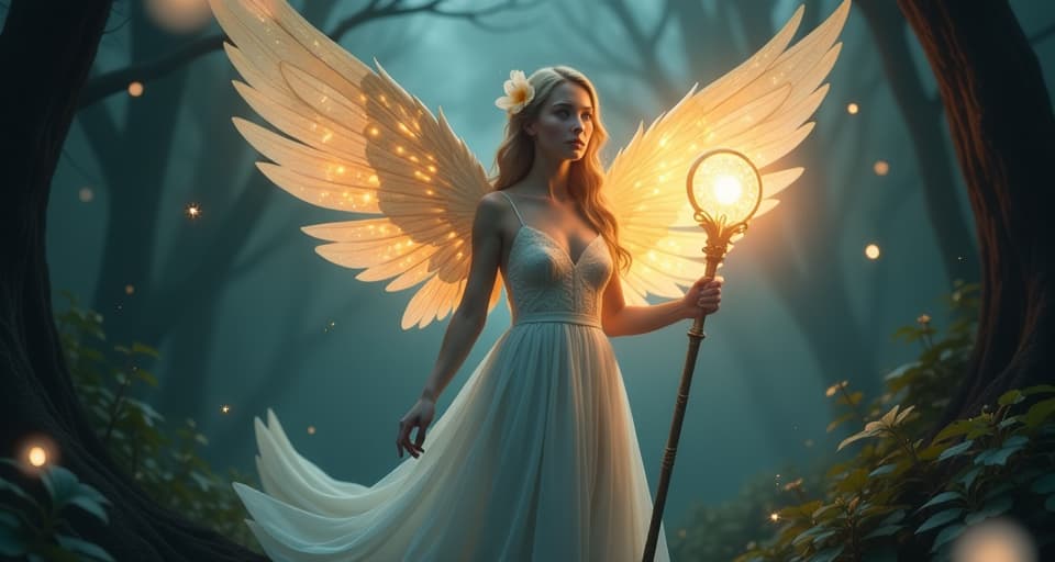  ethereal angel with glowing floral wings, holding a celestial staff that emits a soft light, standing in the midst of a dense, magical forest. her presence is serene and powerful, surrounded by an aura of healing and confrontation, illuminating the dark foliage around her.. the style is digital art illustration,highly detailed, whimsical,magical, dreamlike atmosphere, realism and fantasy blend, smooth, glossy textures,luminous quality, wonder and enchantment.