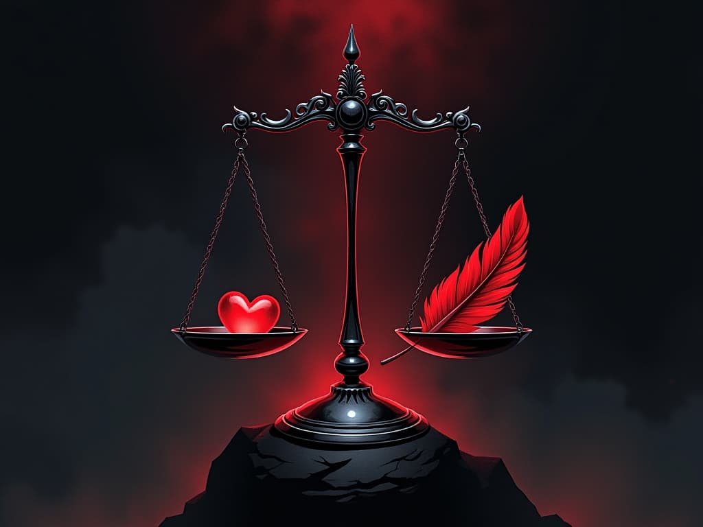  scales of justice with a red feather and heart, balanced delicately, dark void background, aura of justice and understanding. the style is digital art illustration / modern comic book / graphic dark novel fantasy and mysterious occult, symbolic, moody lighting, esoteric vibe,high detail on character design. for the color scheme emphasize blacks and reds.