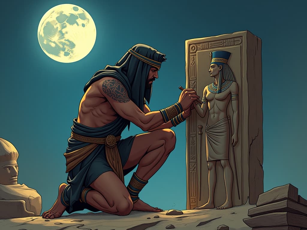  young craftsman in ancient attire, chiseling a figure on a sandstone block under the full moon, air of perseverance and growth. the style is digital art illustration / modern comic book / mysterious occult, symbolic, esoteric vibe,high detail on character design, incorporating ancient egyptian symbology and attire.