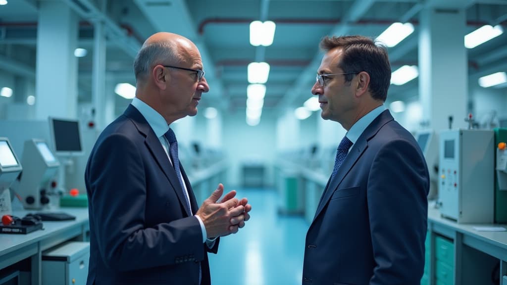  prompt: create a hyper realistic image showcasing the boehringer ingelheim pharmaceutical plant in germany. the scene features federal minister of health prof. karl lauterbach and minister president of rhineland palatinate, malu dreyer, engaged in discussions against a backdrop of cutting edge pharmaceutical machinery and technology. the composition should emphasize the strategic collaboration between the government and the pharmaceutical industry, with logos of boehringer ingelheim prominently