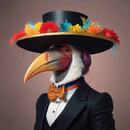 Rainbow drag queen cowboy top hat and headdress tuxedo with spurs toucan Elizabethan collar wand paraso in the Van Gogh style, anime, concept art, digital painting, manga, artstation, dynamic lighting, big strokes, high quality