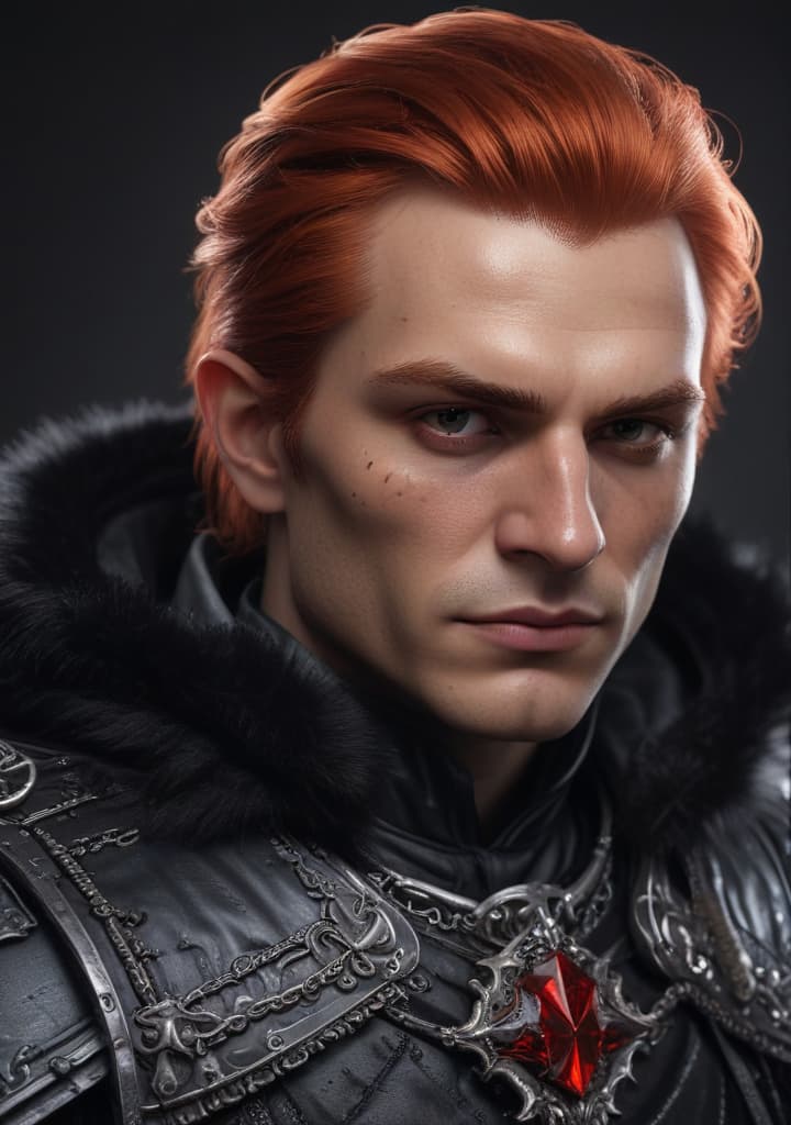 Red headed vampire with a small strand of white hair. Jet Black Armored Paladin with a black fur cloak. Wearing a necklace of law scales balanced on a warhammer. highly detailed,studio lighting,professional,vivid colors, cinematic lighting, HDR, UHD, 4K, 8k, 64K