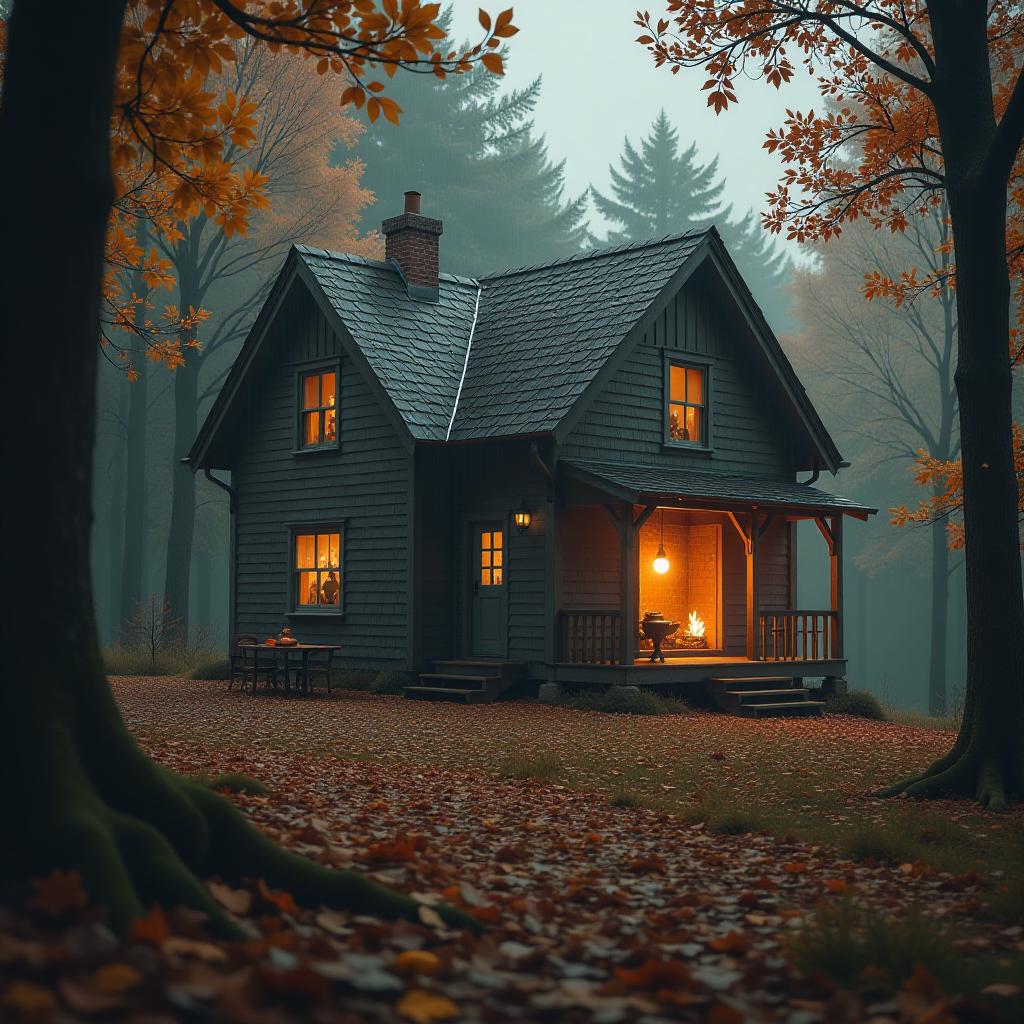  a house in an autumn forest, rain, a fire burning in the fireplace, falling leaves, and hot tea on the table. hyperrealistic, full body, detailed clothing, highly detailed, cinematic lighting, stunningly beautiful, intricate, sharp focus, f/1. 8, 85mm, (centered image composition), (professionally color graded), ((bright soft diffused light)), volumetric fog, trending on instagram, trending on tumblr, HDR 4K, 8K