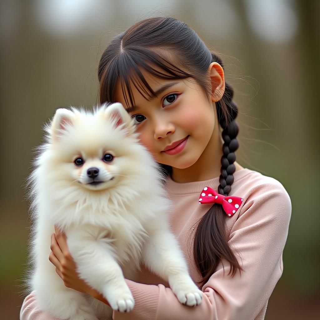  a girl with two braids is holding a small white pomeranian.