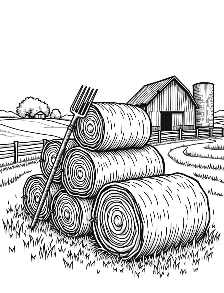  a stack of hay bales with a pitchfork and a barn in the background, black and white line art on a white background, for an adult coloring page.