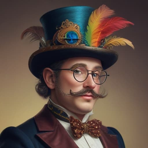 Rainbow gay man in wig makeup lips five o’clock shadow adams apple pig top hat and headdress muumuu with spur whore Elizabethan collar spectacles peacock dress, steampunk, concept art, digital painting, artstation, dynamic lighting, ultra detailed, high quality