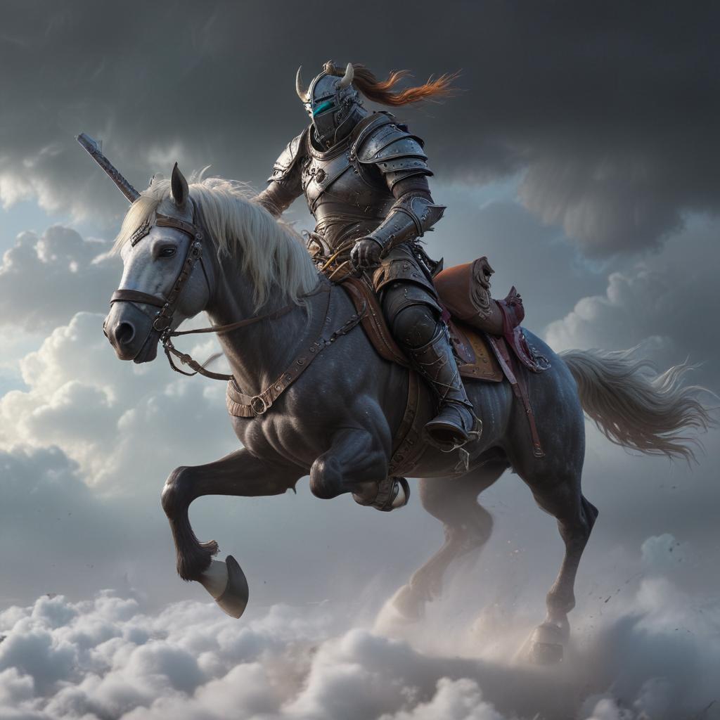 ((masterpiece)), (((best quality))), 8k, high detailed, ultra detailed, A minotaur death knight wielding a two handed greatsword riding a cartoon style rainbow pony galloping in the white clouds, horns on helmet, glowing eyes, dark and ominous atmosphere hyperrealistic, full body, detailed clothing, highly detailed, cinematic lighting, stunningly beautiful, intricate, sharp focus, f/1. 8, 85mm, (centered image composition), (professionally color graded), ((bright soft diffused light)), volumetric fog, trending on instagram, trending on tumblr, HDR 4K, 8K