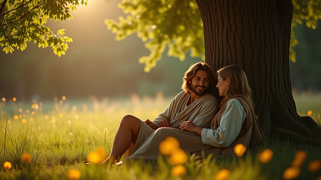  history of biblical times, an outdoor scene with jacob and rachel talking under a tree, emphasizing their budding relationship against a backdrop of nature's beauty. hyperrealistic, full body, detailed clothing, highly detailed, cinematic lighting, stunningly beautiful, intricate, sharp focus, f/1. 8, 85mm, (centered image composition), (professionally color graded), ((bright soft diffused light)), volumetric fog, trending on instagram, trending on tumblr, HDR 4K, 8K