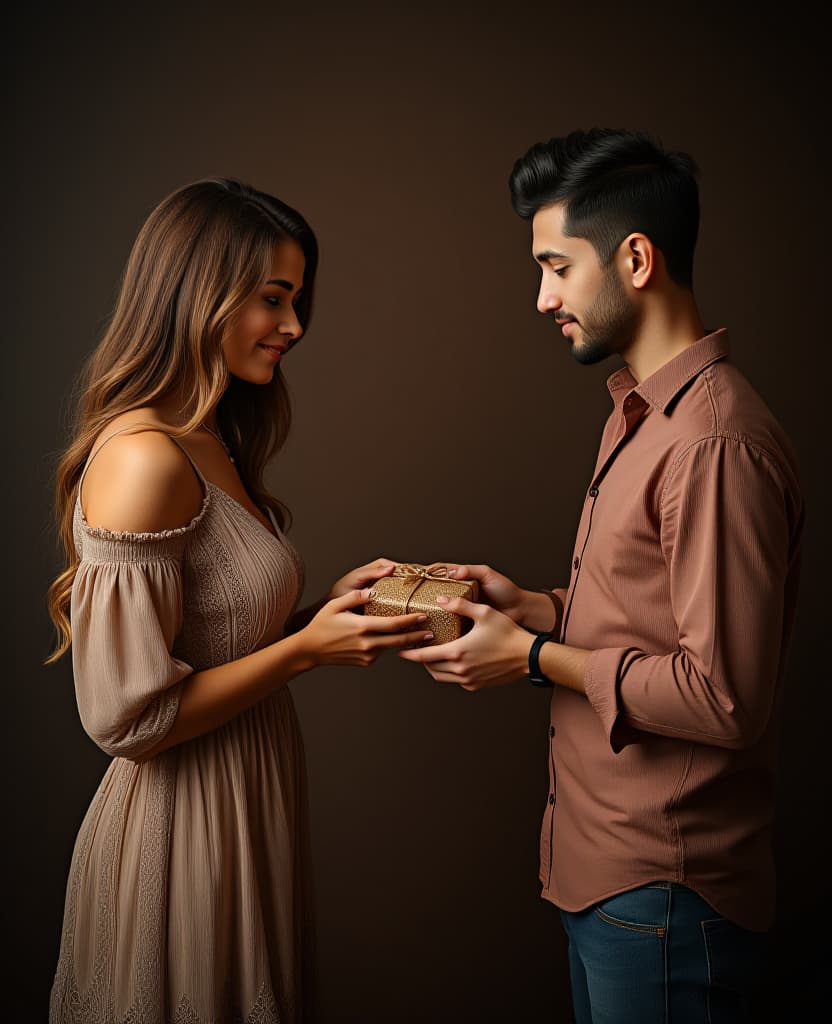  hdr photo of a beautiful woman in a dress gives a man in a shirt a small gift, a model, on a dark brown background . high dynamic range, vivid, rich details, clear shadows and highlights, realistic, intense, enhanced contrast, highly detailed