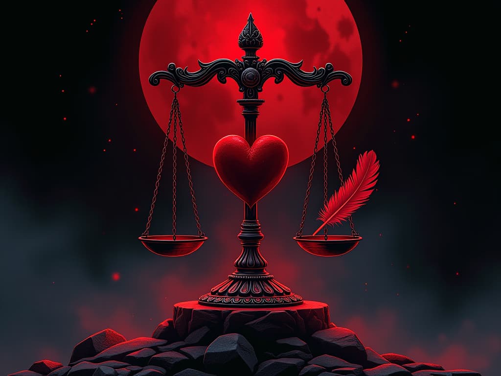  red divine scales, weighing heart and feather, balanced on celestial altar, dark background, aura of painful self awareness. the style is digital art illustration / modern comic book / graphic dark novel fantasy and mysterious occult, symbolic, moody lighting, esoteric vibe,high detail on character design. for the color scheme emphasize blacks and reds.