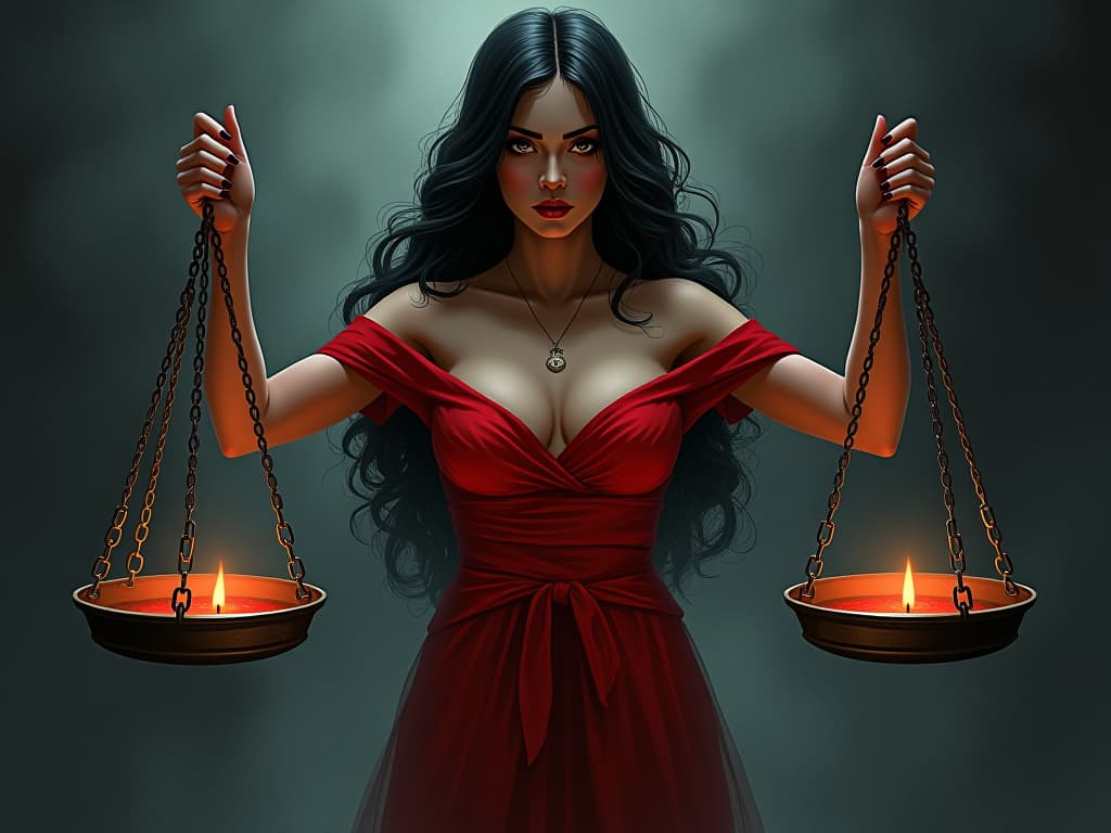  woman in red dress balancing scales, contemplative expression, aura of deliberate decision making. the style is digital art illustration / modern comic book / graphic dark novel fantasy and mysterious occult, symbolic, moody lighting, esoteric vibe,high detail on character design. for the color scheme emphasize blacks and reds.