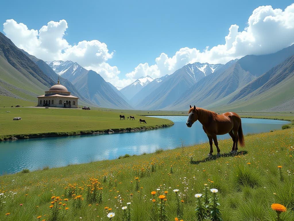  laddakh, in the distance is the rolling snow capped mountains, masjid in side, the sky is blue sky and white clouds, and nearby is a green basin. in the middle of the basin, there is water flowing from the snow capped mountains, which flows into the lake. the lake water is clear to the bottom. there are horses grazing on the grass around the lake. there are wildflowers of various colors on the grass. very beautiful pictures, beautiful, high resolution hyperrealistic, full body, detailed clothing, highly detailed, cinematic lighting, stunningly beautiful, intricate, sharp focus, f/1. 8, 85mm, (centered image composition), (professionally color graded), ((bright soft diffused light)), volumetric fog, trending on instagram, trending on tumblr, HDR 4K, 8K